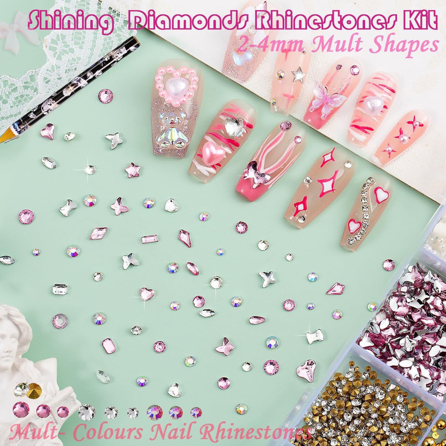 Chunmeng 10000 Nail Spells and Gem Set, Pink Cute Bow, 3D Flowers, Gold Butterfly Pendant - Nail Art Water Diamond, Pearl, Diamond Gem, Comes with DIY Nail Tools