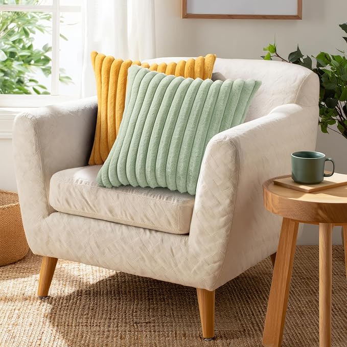 Pallene Faux Fur Plush Throw Pillow Covers 20x20 Set of 2, Luxury Soft Fluffy Striped Decorative Pillow Covers for Sofa, Couch, Living Room, Sage Green