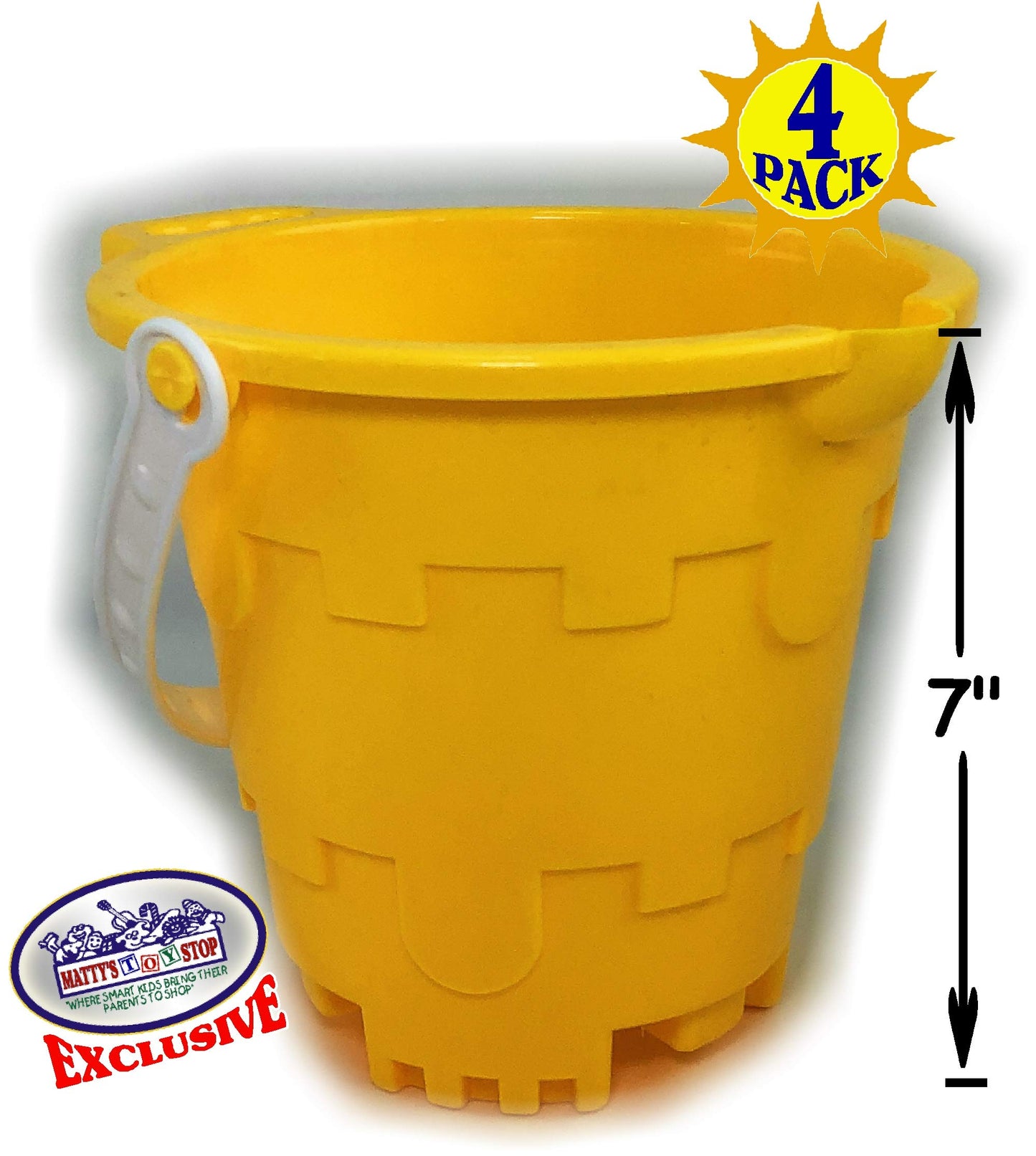 Matty's Toy Stop Beach Gear 7" Plastic Castle Mold Sand Buckets (Pails) with Easy Pour Spout and Handle Blue, Pink, Green & Yellow Party Set Bundle - 4 Pack