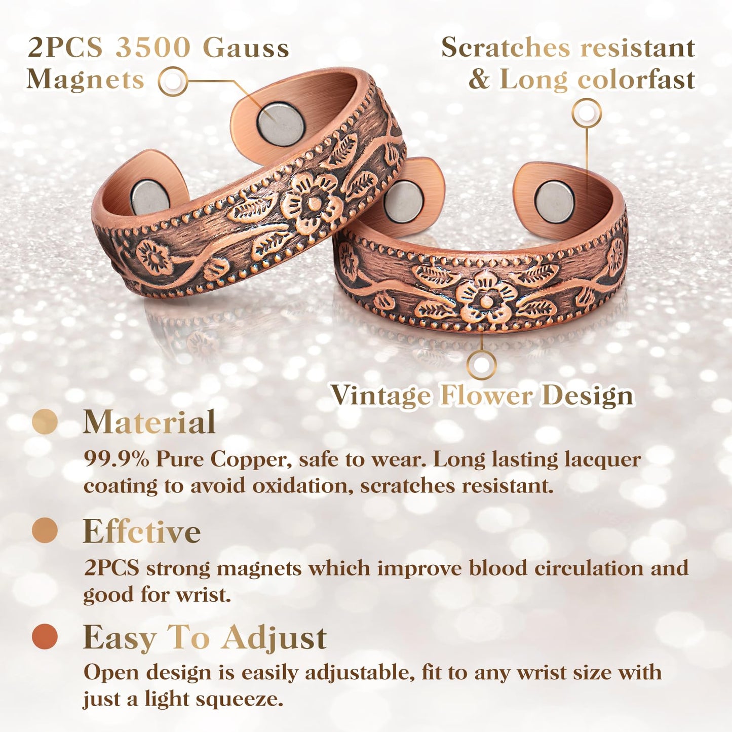 Lymphatic Drainage Therapeutic Magnetic Ring: Copper Rings with 3500 Gauss Magnets for Women Men Pain Relief, Magnetic Lymph Detox Ring 100% Solid Pure Copper Jewelry Gift (2PCS)