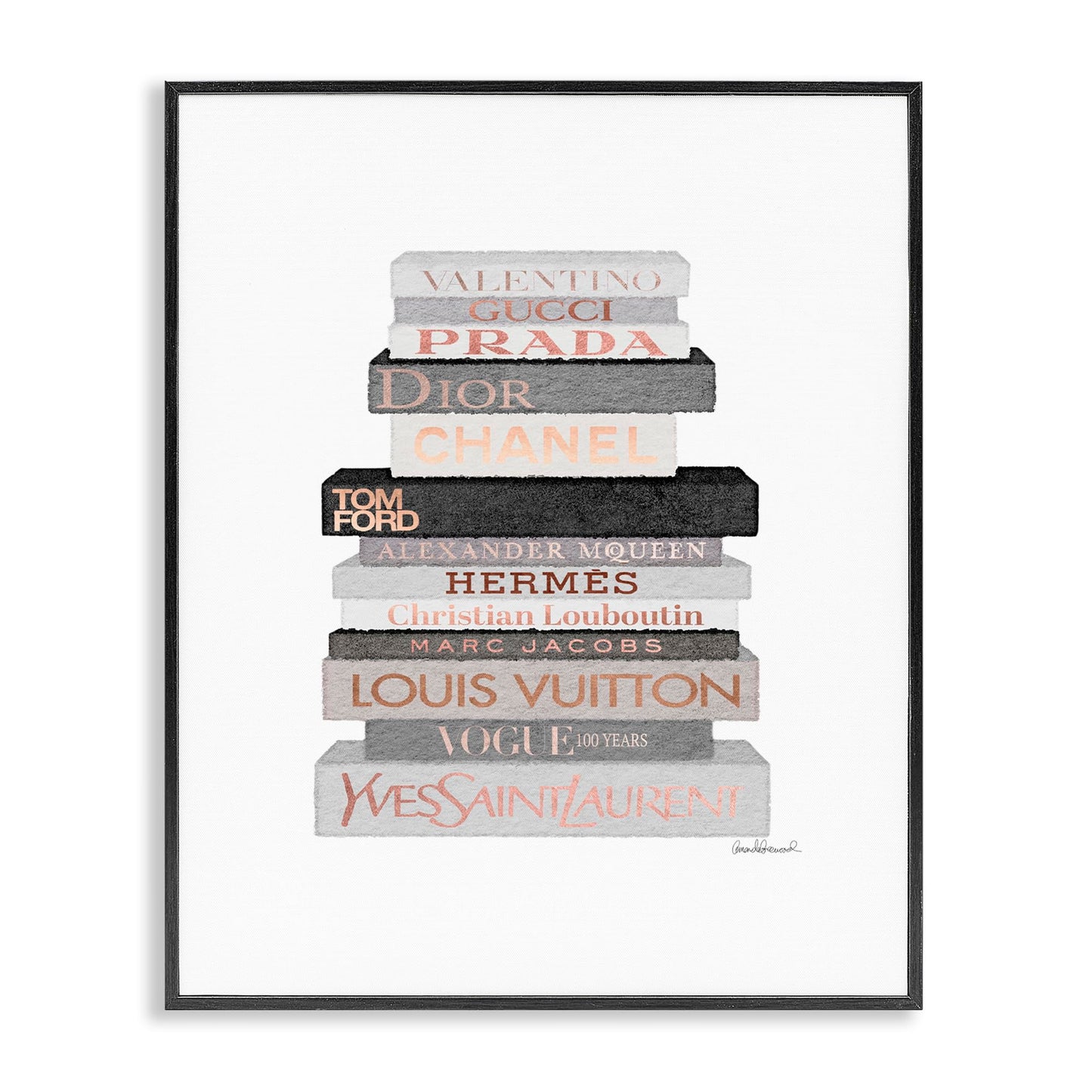 Stupell Industries USA Artist Amanda Greenwood - 'Grey & Peach Bookstack', Framed Giclee Art, Black, 16 x 20inches - Hanging Wall Décor (1.5in Depth) - Made in Rhode Island