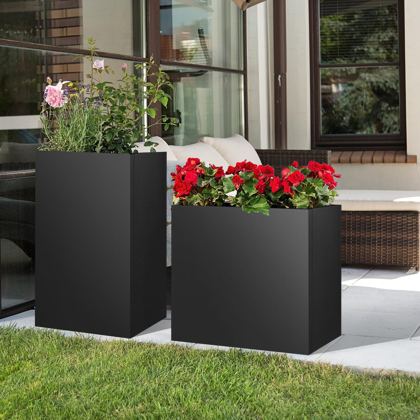 Meyoppm 28"x12"x28" Large Metal Planter Box, Heavy-Duty Rust Resistant Steel Planter with Drainage Hole, Modern Rectangular Planter for Outdoor Indoor Patio Garden Yard (Black)