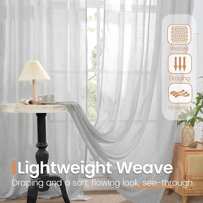 BGment Light Grey Linen Semi Sheer Curtains for Living Room - Rod Pocket Light Filtering Window Drapes Natural Textured for Bedroom Office Lightweight Rustic, 2 Panels Set, 52 X 63 Inch