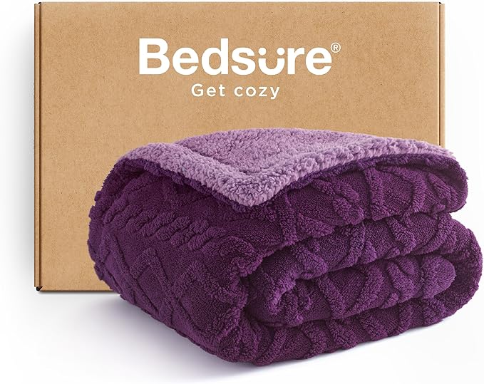 Bedsure Sherpa Fleece Blanket Twin Size for Bed - GentleSoft Fluffy & Cozy Cable Jacquard Tufted for Women Gift, Thick and Warm Blankets for Winter, Purple, 60x80 Inches
