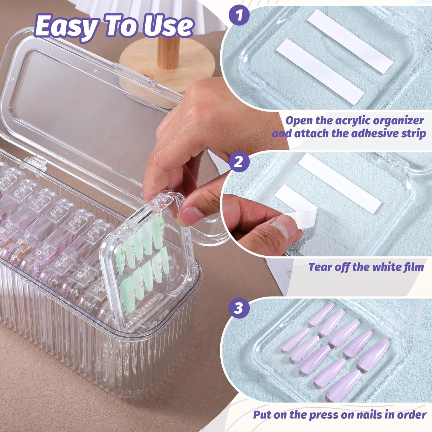 HANLANXUE 26 Pack Press On Nail Organizer, 24 Clear Press On Nail Storage Boxes and 2 Big Storage Box with 120 Adhesive Double Sided Tape Acrylic Nail Display Box Nail Packaging Boxes for Nail Salon