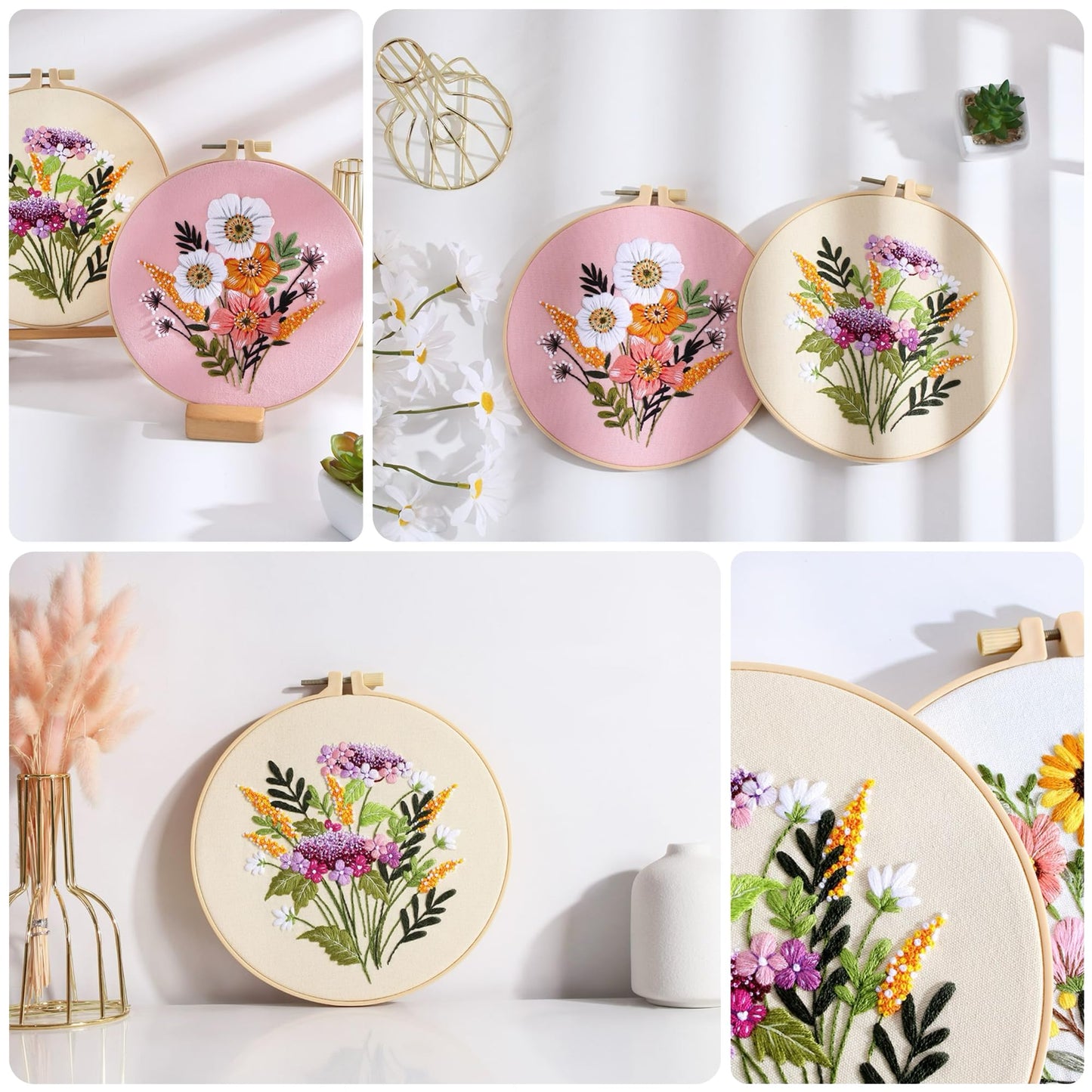 Offizon 3 PCS Embroidery Kit for Beginners - Cross Stitch DIY Craft Set, Flower Embroidery Accessories & Hoop Included, Hand Embroidery Kit for Adults Stitching Sewing Kit Gift | FlowerB Patterns