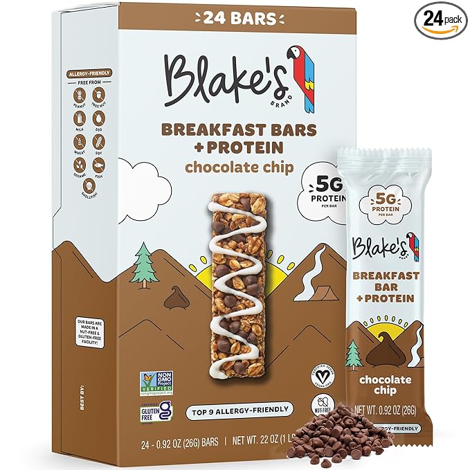 Blake's Seed Based Breakfast Bars with Protein — Chocolate Chip (24 Count), 5g Clean Plant-Based Protein, Gluten Free, Nut Free, Dairy Free & Vegan, Healthy Snacks for Kids or Adults, School Safe