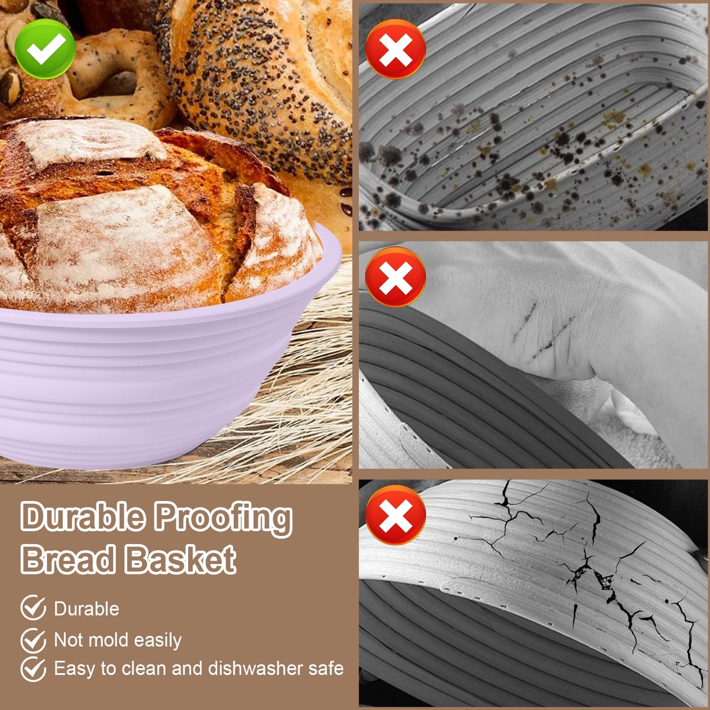 Ycgcp 4Pcs Silicone Banneton Bread Proofing Baskets, 9" Collapsible Sourdough Bread Baking Supplies Non-Stick Round Dough Proofing Bowl Containers Oven Safe for Various Tastes Bread Making-BPA Free