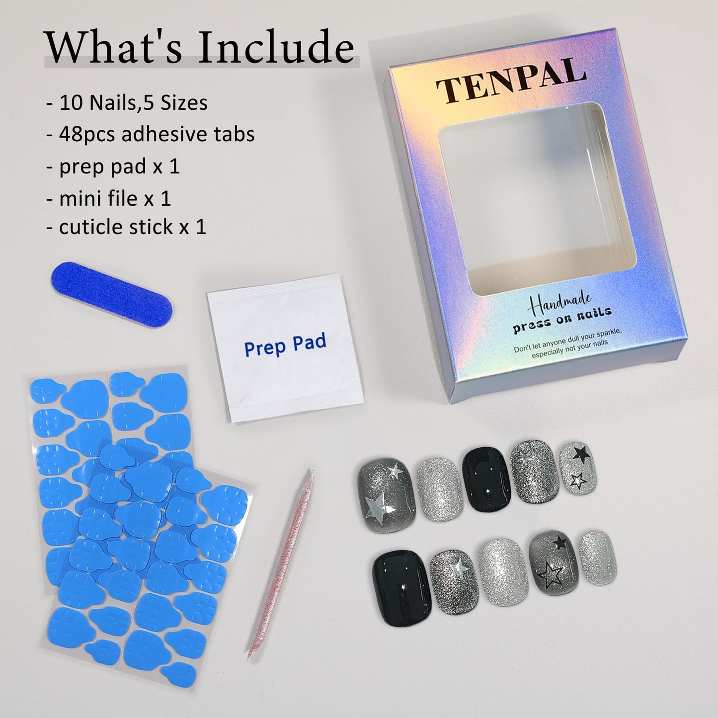 TENPAL Glitter Cat Eye Press On Nails 10 Pcs with Tools Kit - Handmade Black Grey Starry Sparkle Glue on Nails, Glossy Short Square Edgy Sweet False Nails,Reusable Fake Nails for Date Night Party(XS)