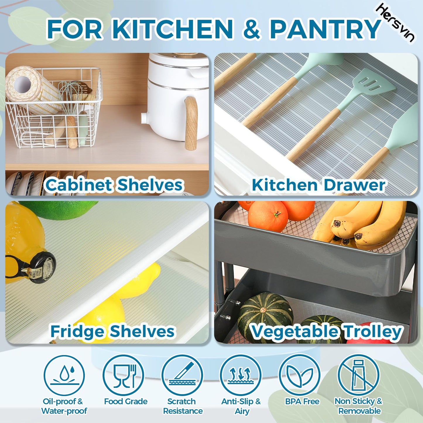 Hersvin 10 in x 20 ft Shelf Liners Drawer Liner for Kitchen Cabinets Non-Adhesive Non Slip, Refrigerator Mats for Shelves, EVA Plastic Cupboard Protector, Waterproof Lining (Clear Stripe, Ribbed)
