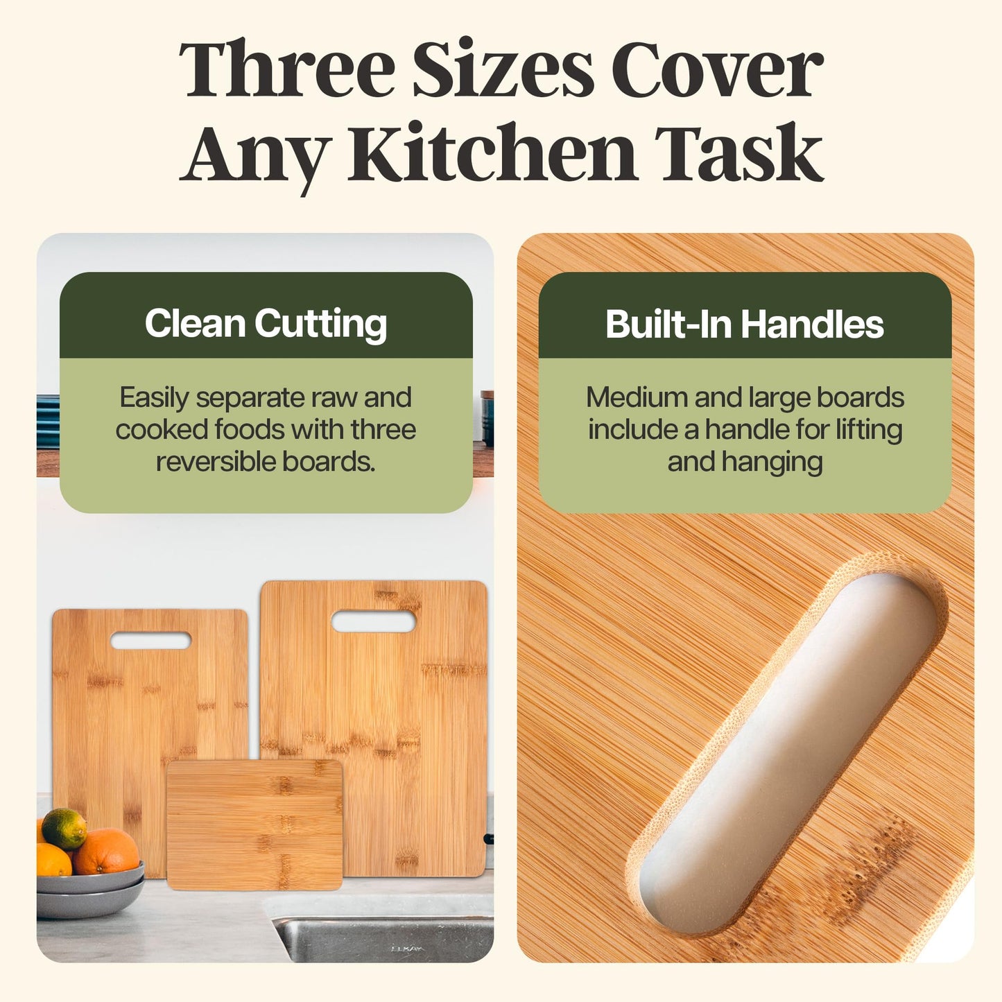 Totally Bamboo 3-Piece Cutting Board Set, Bamboo Wood Cutting Boards for Kitchen with Built-In Handles, Reversible Chopping Boards in Small, Medium, and Large Sizes