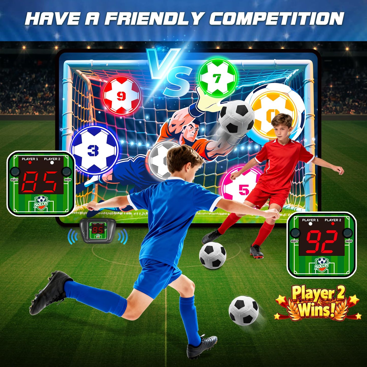 VATOS Electronic Scoring Soccer Toy Game Set for Kids, Indoor Outdoor Soccer Training Target with Real-Time Scoring, 2 Modes, Fabric Goal and 2 Soft Balls, Fun Sport Birthday Ages 3+