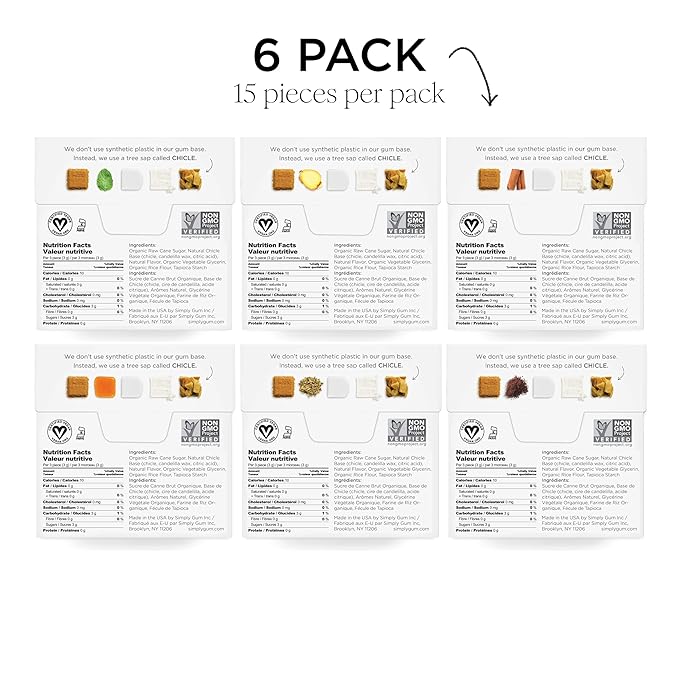 SIMPLY Gum Variety Pack (Assorted Flavors), Plastic-Free Natural Chewing Gum, 6 pack (90 pieces) | Vegan, Kosher, Non GMO, Aspartame Free and Sorbitol Free