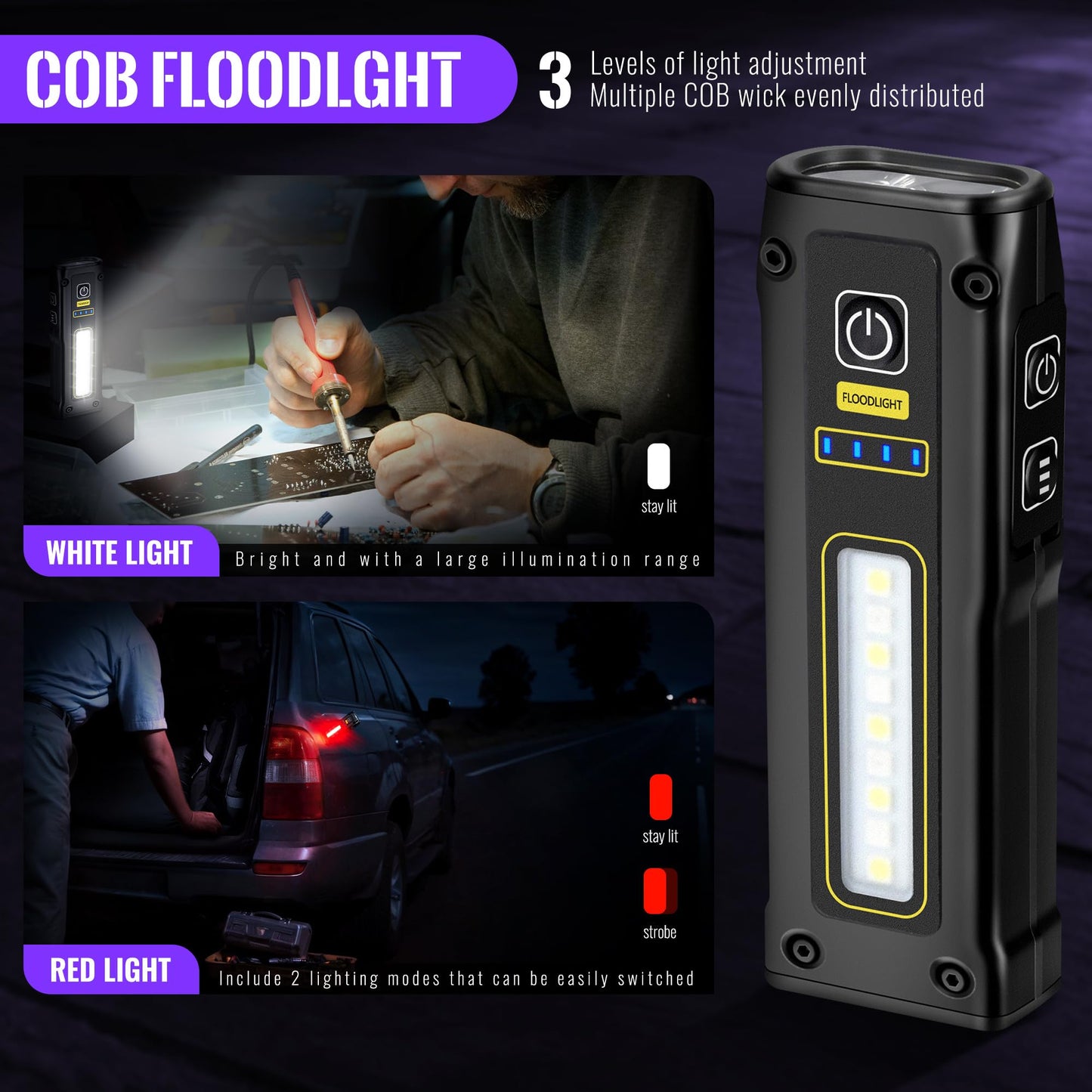 Flashlight UV Light 395nm, Blacklight EDC Flashlights Mini LED high Lumen USB -C Rechargeable Portable with Magnetic Base, COB White & Red Light, Output Emergency Power, for Pet Urine, Resin Curing