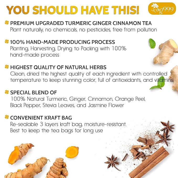 TOG999, 120 Bags Premium Turmeric Ginger Cinnamon Tea. Upgraded Version. Improve Digestion, Support Brain, Weight, Skin and Sleep. Eco-Conscious Tea Bags. No Sugar, No Caffeine, No Gluten, Vegan.