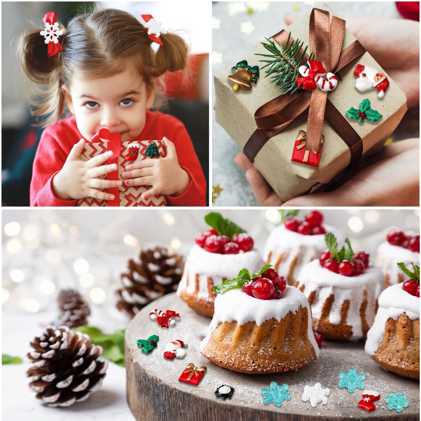 Huwena 200 Pcs Christmas Resin Flatback Charms Mini Triple Leaf Holly Berries Embellishments Small Snowflake Decorations Tiny Resin Miniatures for Xmas Tree DIY Craft Scrapbook Supplies