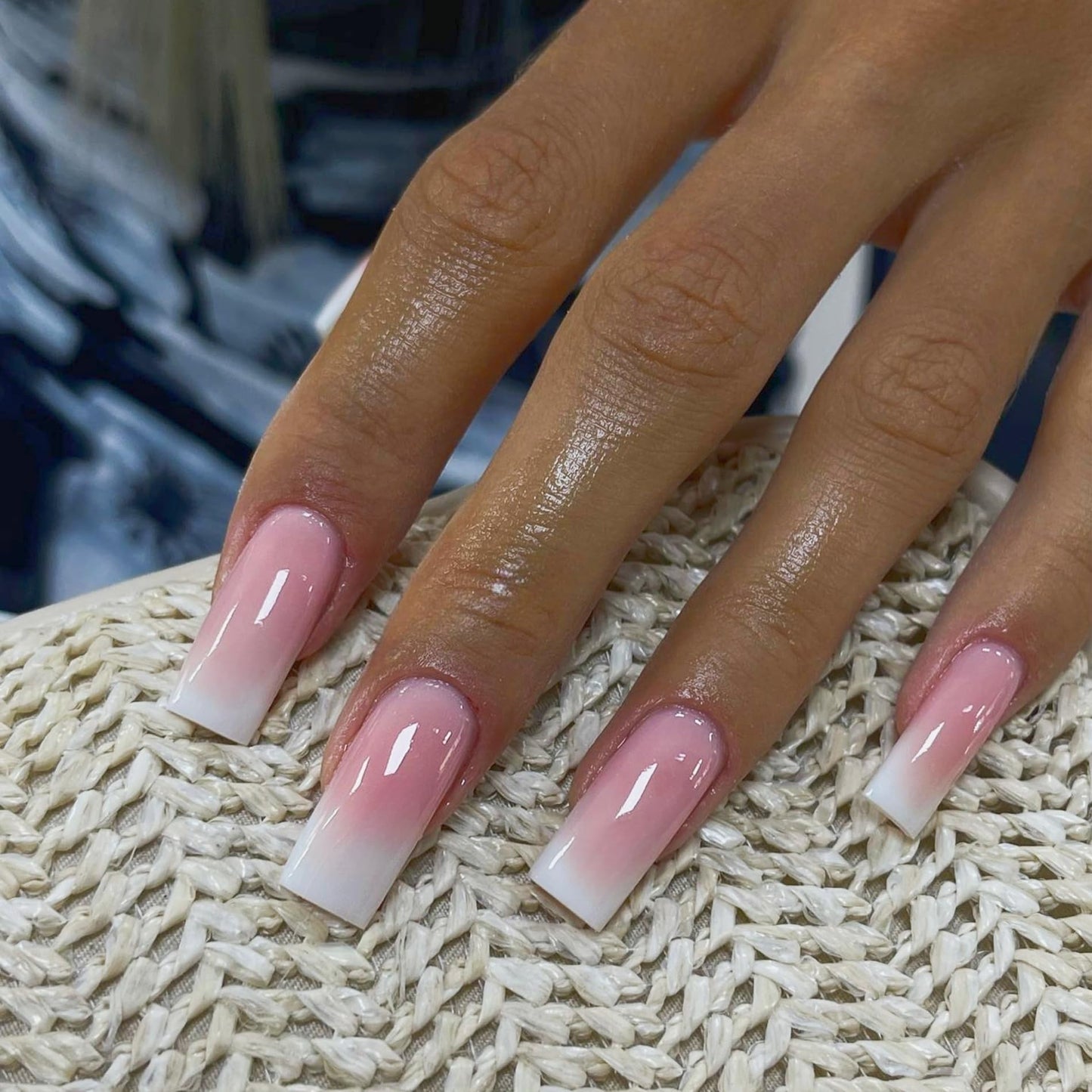 Ombre Pink Press On Nails Medium Long Square, Xcreando Medium Coffin Nails Acrylic Press ons Glue on Nails Long Length Fake Nail for Women, Natural Thick Artificial Nail Stick on