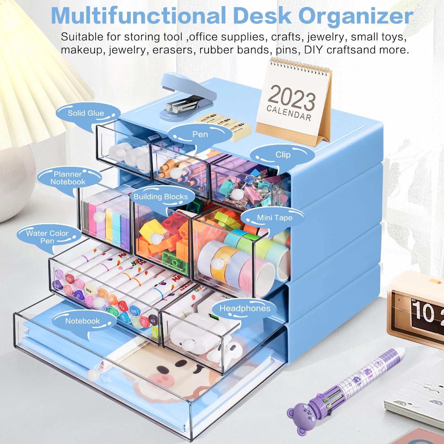 FODIENS Desk Storage Organizer with 9 Drawers, 4 Tiers Stackable Desktop Craft Storage Drawers, Clear Storage Box Caddy for Stationary Makeup Jewelry Office Craft Supplies (Blue)