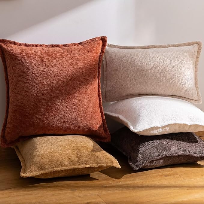Brown Decorative Throw Pillow Covers 24x24 Inch Set of 2 Cozy Soild Chenille Cushion Cases Soft Textured Square Couch Pillows Cover Boho Accent Farmhouse Pillowcases for Sofa Bed