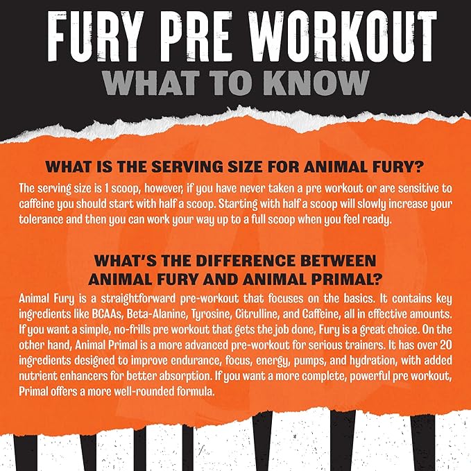 Animal Fury - Pre Workout Powder Supplement for Energy and Focus - 5g BCAA, 350mg Caffeine Nitric Oxide Without Creatine - Powerful Stimulant for Bodybuilders - Blue Raspberry