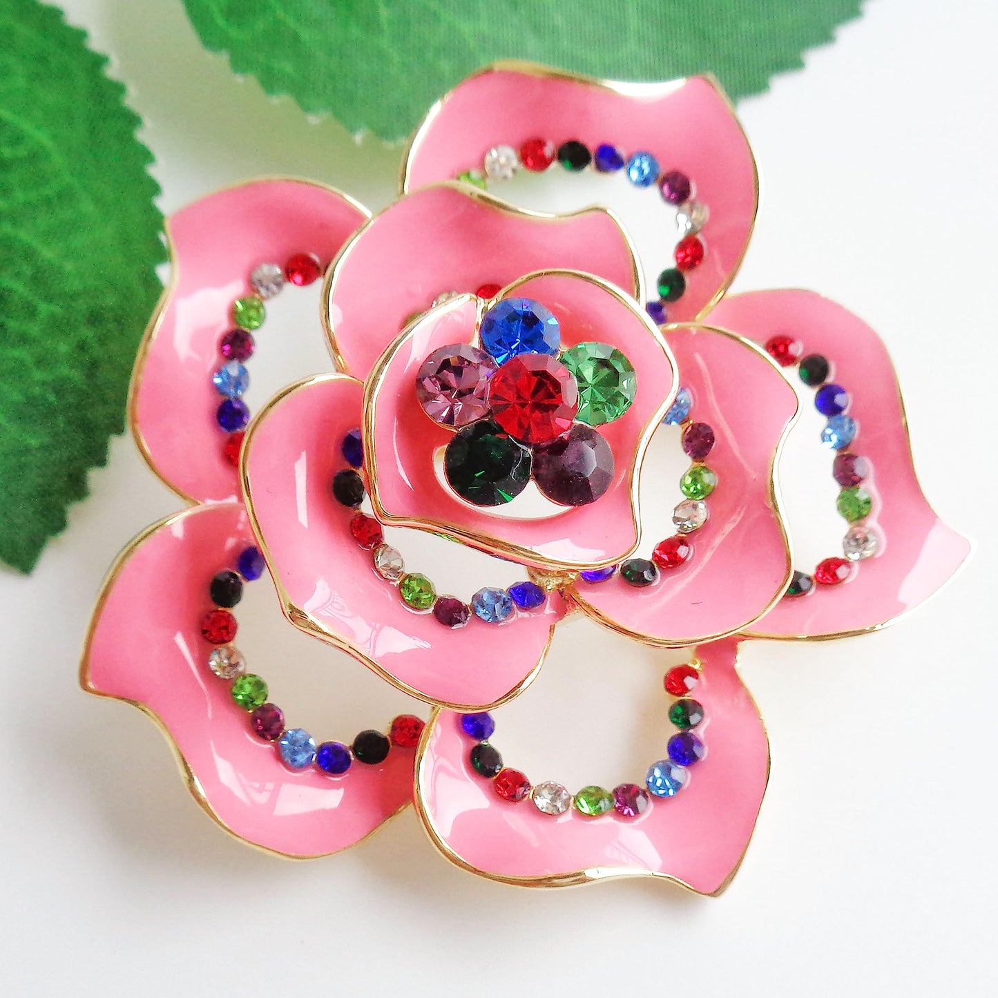 Navachi 18k Gold Plated Multi-color Crystal Pink Enamel Rose Flower Az7835b Brooch Pin