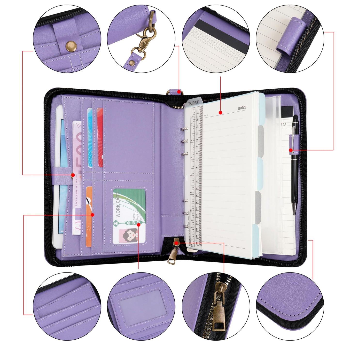 WASON Portfolio A5 Binder Journal with Zipper - Leather pu Writing Notebook Padfolio with Detachable Refillable Notebook, Legal Pad for Business Study and Travel Organizer (Purple)