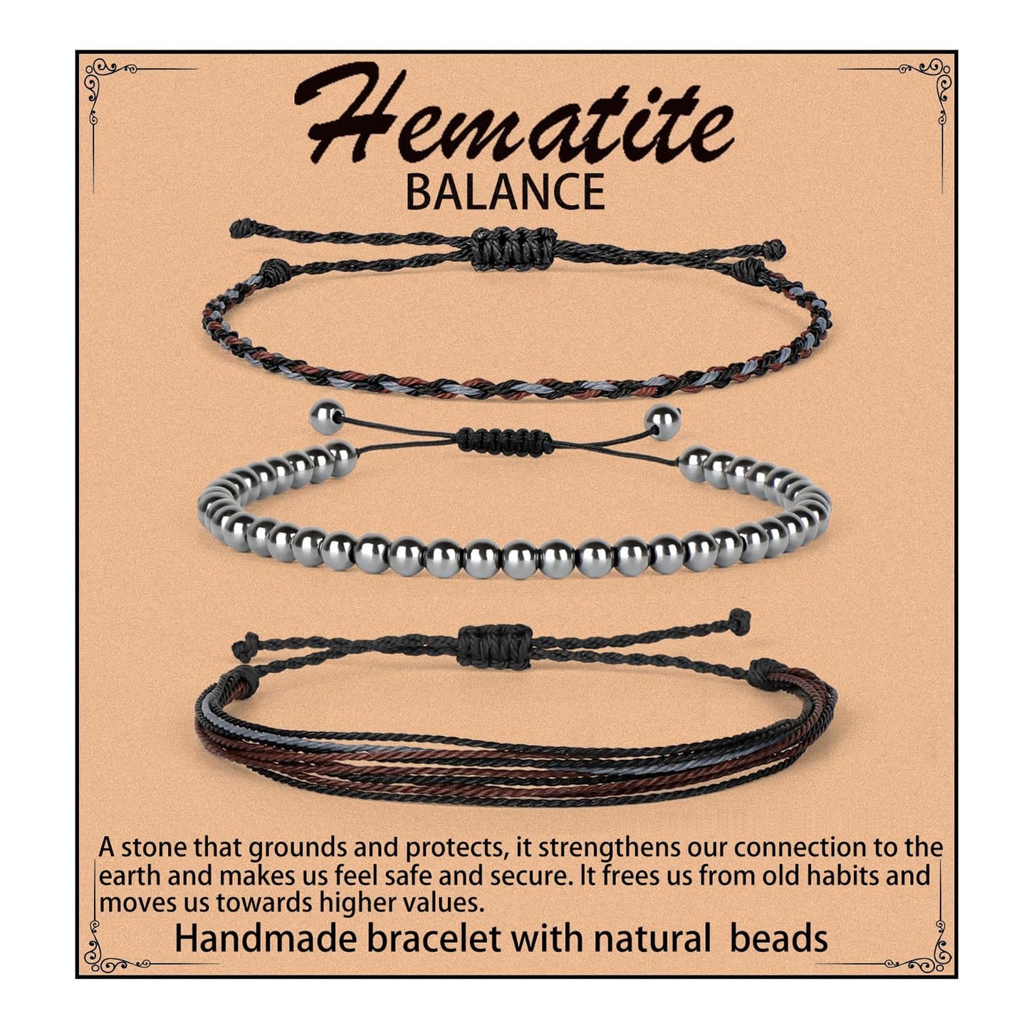 QOGIR Handmade Healing Bracelets,4mm Natural Hematite Gem Stone Beads Bracelet,for Men Women Gifts with 2PCS Size Adjustable Rope Bracelets
