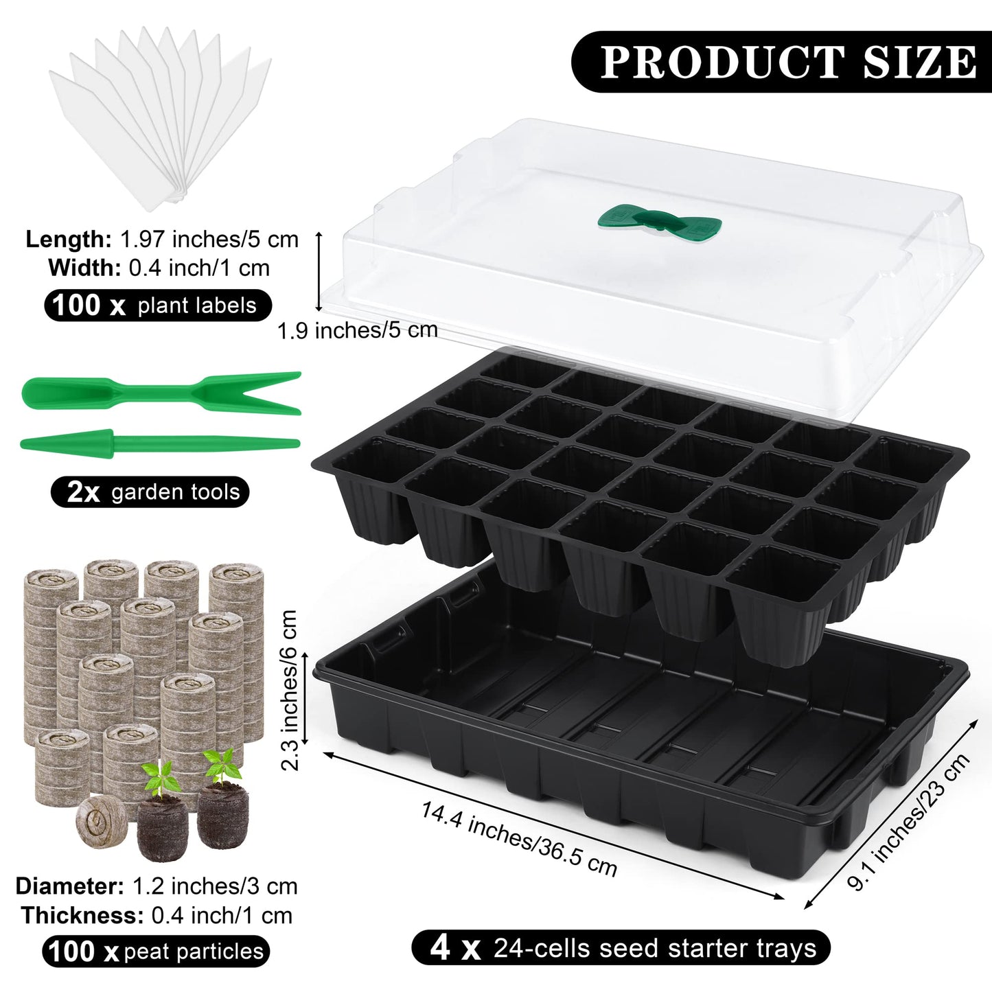 Hahood 4 Pack 24-Cells Seed Starter Tray Kit Germination Tray with Humidity Dome and Base, Plant Growing Kit Germination Starter Including Peat Pellets, Plant Labels, Tool for Indoor Outdoor, Black