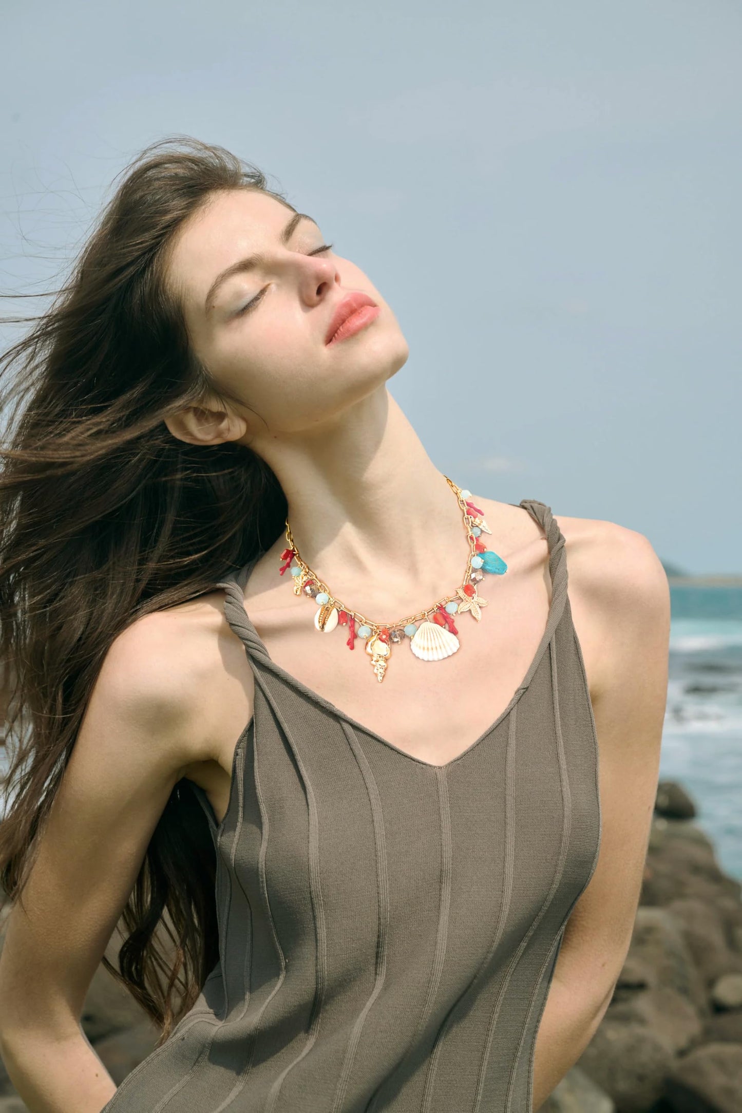 CLASSYZINT Gold Ocean Charm Necklace with Shell Starfish Beads for Women Beach Layered Jewelry