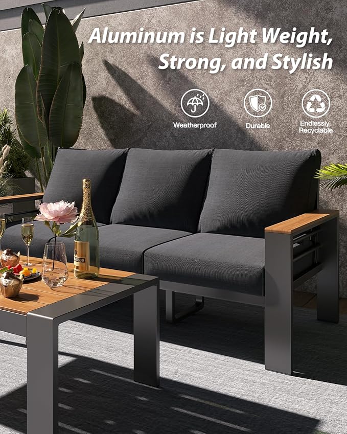 Aoxun Aluminum Outdoor Patio Furniture Set, 4 Seats Outdoor Sectional with Coffee Table, Patio Conversation Sets with Upgraded Armrests and Cushions for Backyard, Garden and Poolside