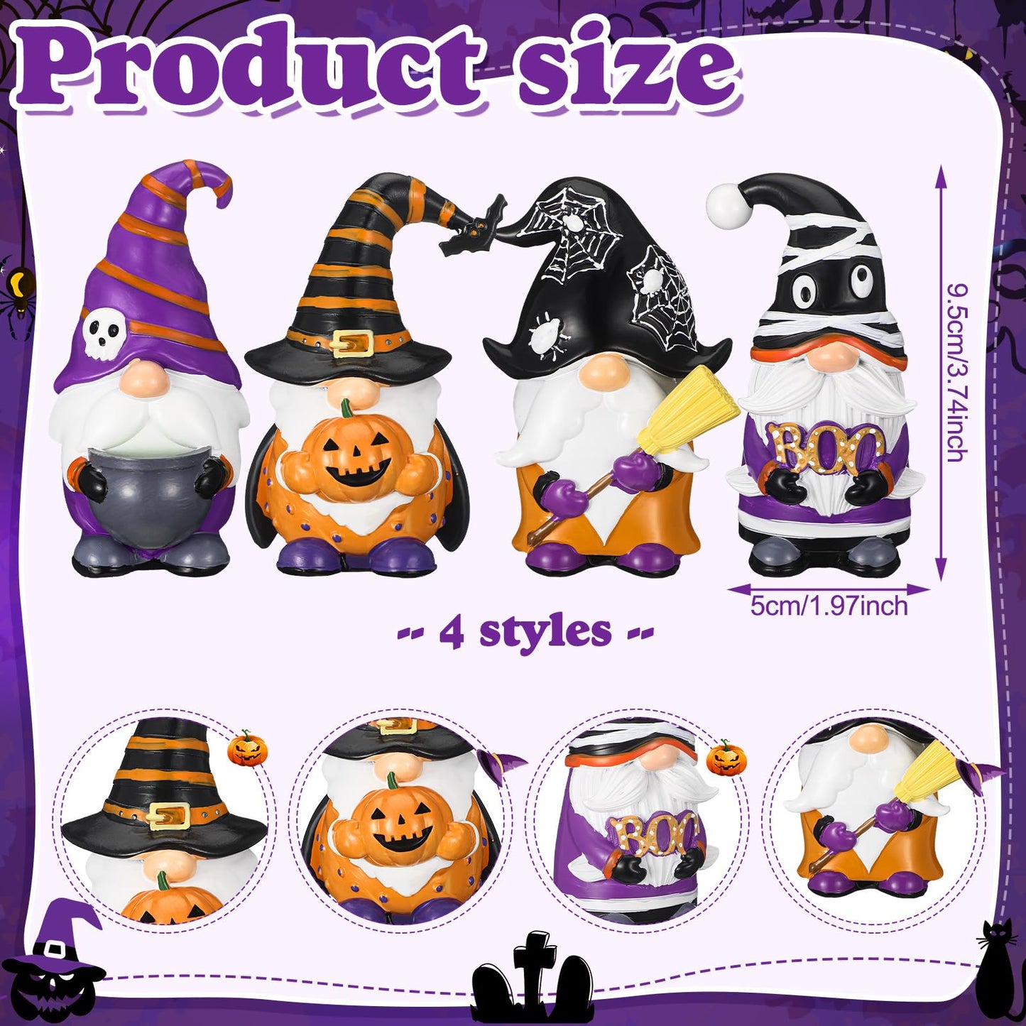Wenqik 4 Pcs Halloween Gnomes Decor Boo Resin Gnome Figurines Spooky Gnomes Decor Halloween Tiered Tray Collectible Tabletop Decorations for Home Kitchen Office