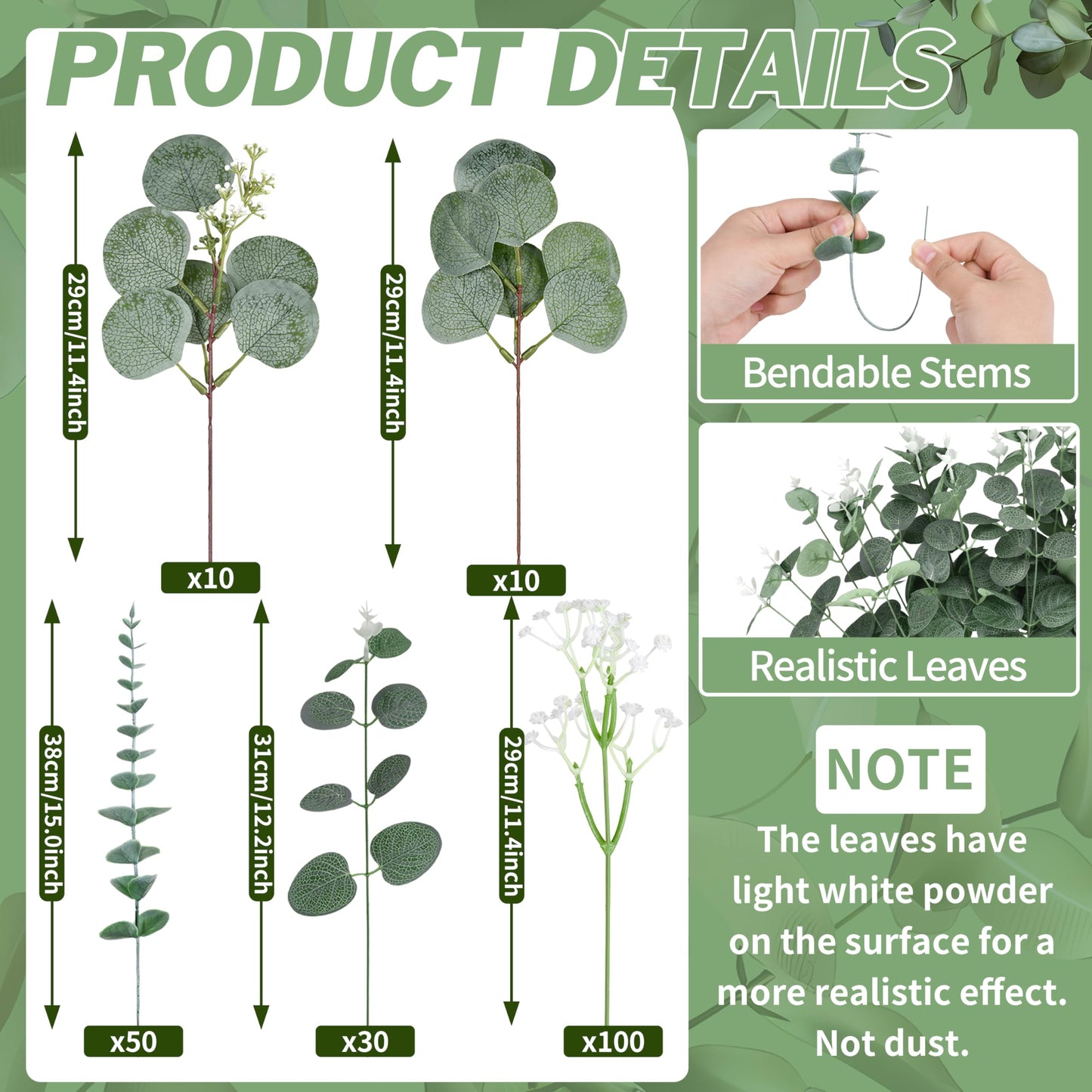 Palonu 200 Pcs 5 Kinds Mixed Artificial Eucalyptus Leaves Stems Bulk Babys Breath Eucalyptus Bundle Faux Plants Greenery for DIY Bouquets Floral Arrangement Wedding Engagement Party Decor