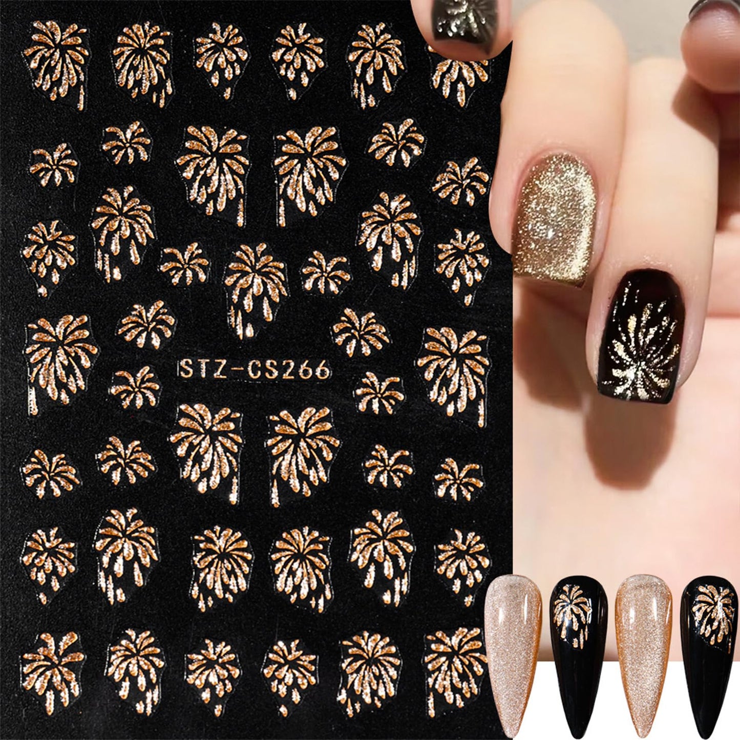 Gold Firework Nail Decals - Glitter Self-Adhesive Stickers, Bronzing Designs for Nail Art on New Year Nails
