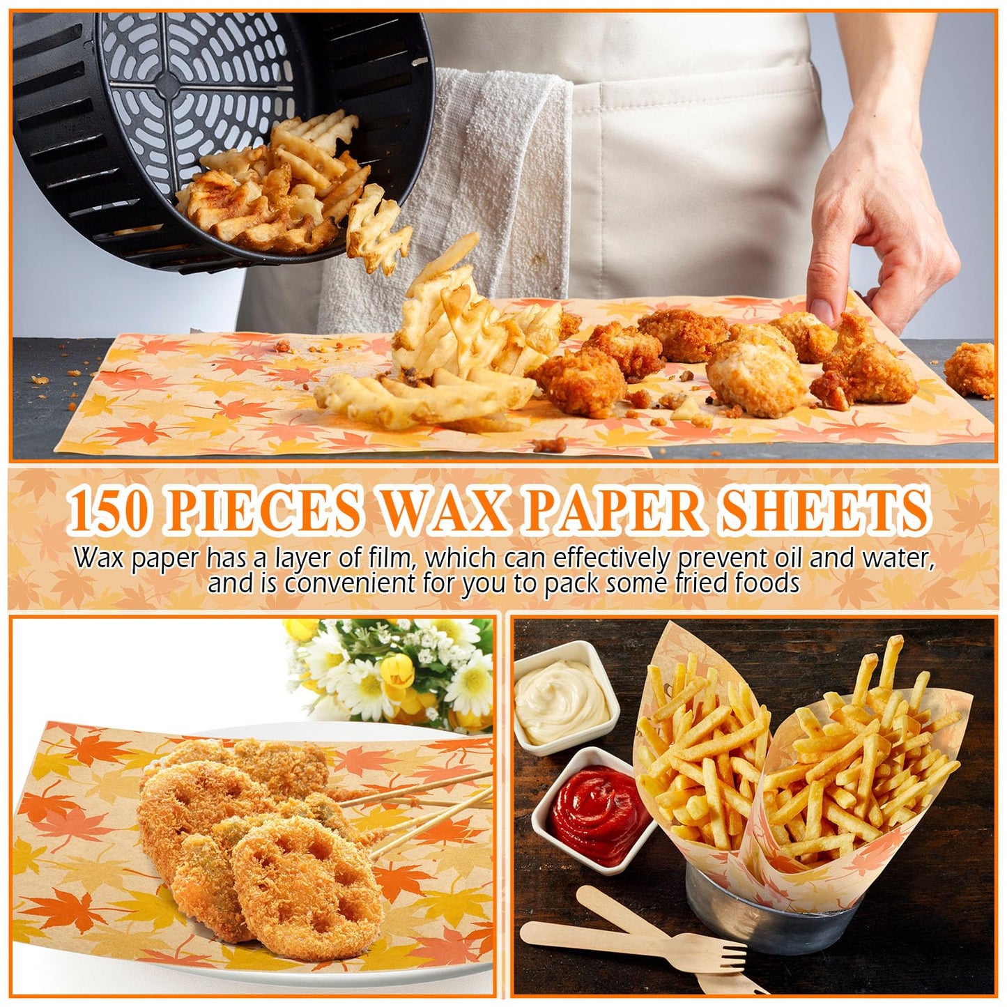 Tenare 150 Pieces Autumn Fall Wax Paper Sheets Food Wrap Grease Resistant Liners Thanksgiving Theme Waterproof Wrapping Tissue Food Picnic Paper for Kitchen(Orange Maple Leaf)