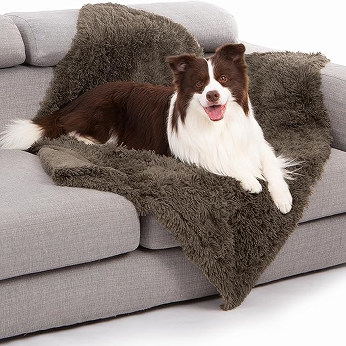 gogobunny Waterproof Dog Blanket for Couch & Furniture Protection - Super Soft Reversible Throw for Large Dogs & Cats, Calming Washable Fur & Sherpa Pet Blanket (25x35 Inch, Stone)