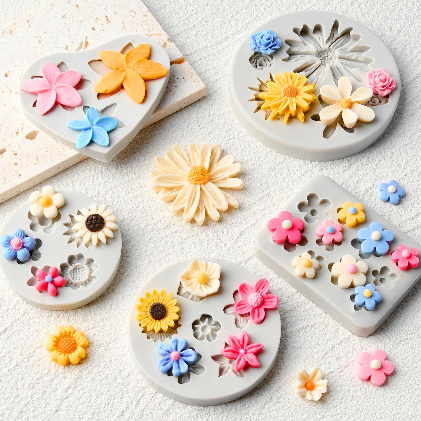 JOERSH 5PCS Silicone Flower Molds, Non-Stick Daisy Sunflower Fondant Chocolate Molds for Dessert Cake Decorating, Cupcake Topper, Cake Pop, Candy