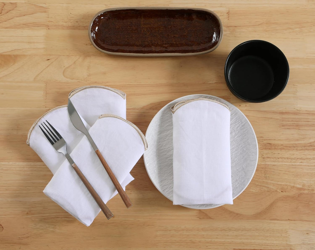 100% French Flax Linen Cloth Napkins Scalloped Embroidery 20’’x20’’ for Dinners, Parties, Weddings, Decorative Halloween, Spring, Easter, Set of 4 Pcs,White(Edges-Gold)