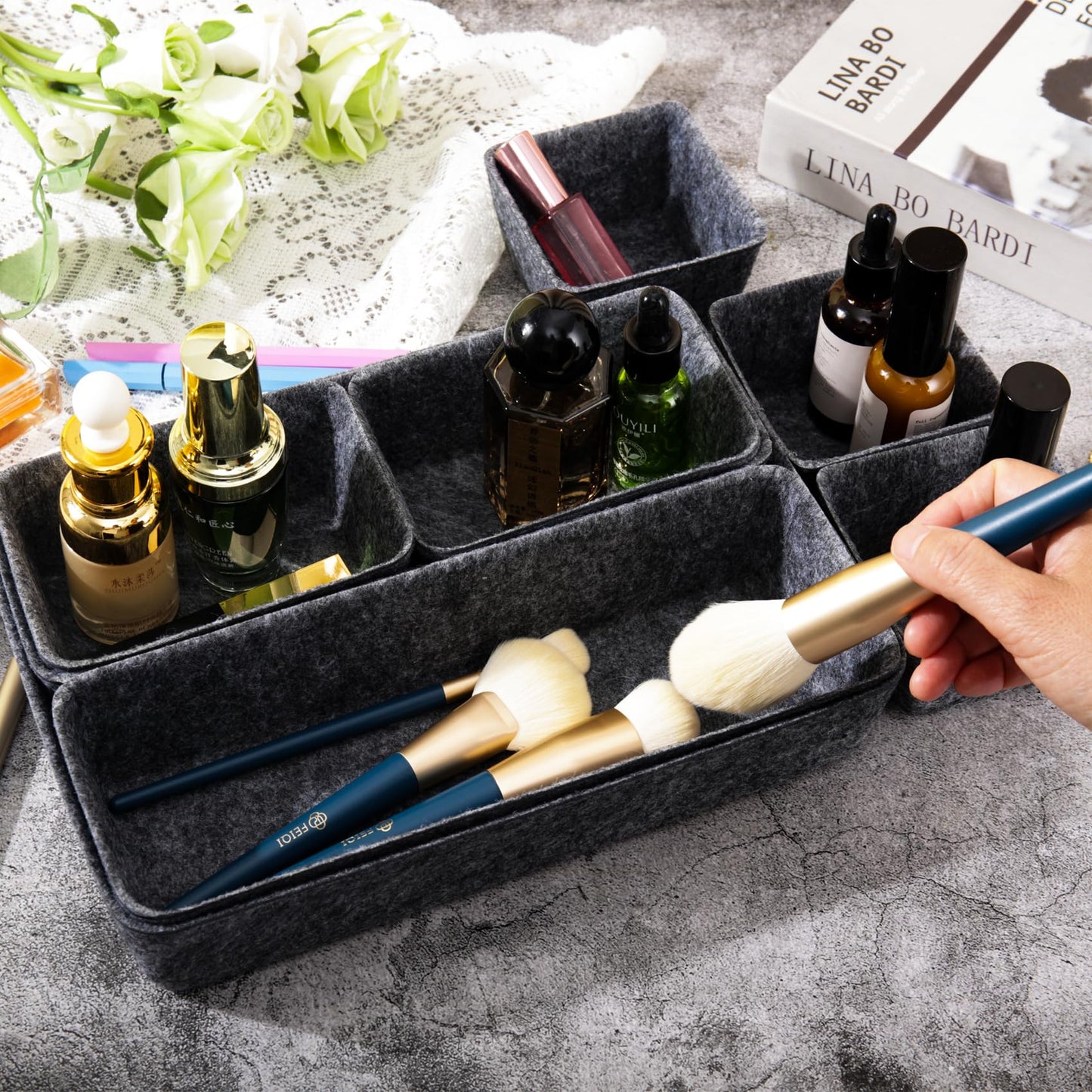 Cecijelry Desk Drawer Organizer Bins, 8pcs Felt Shallow Bathroom Storage Trays, Office Accessories & Workspace Organizers Jewelry & Makeup Boxes Containers(Black)
