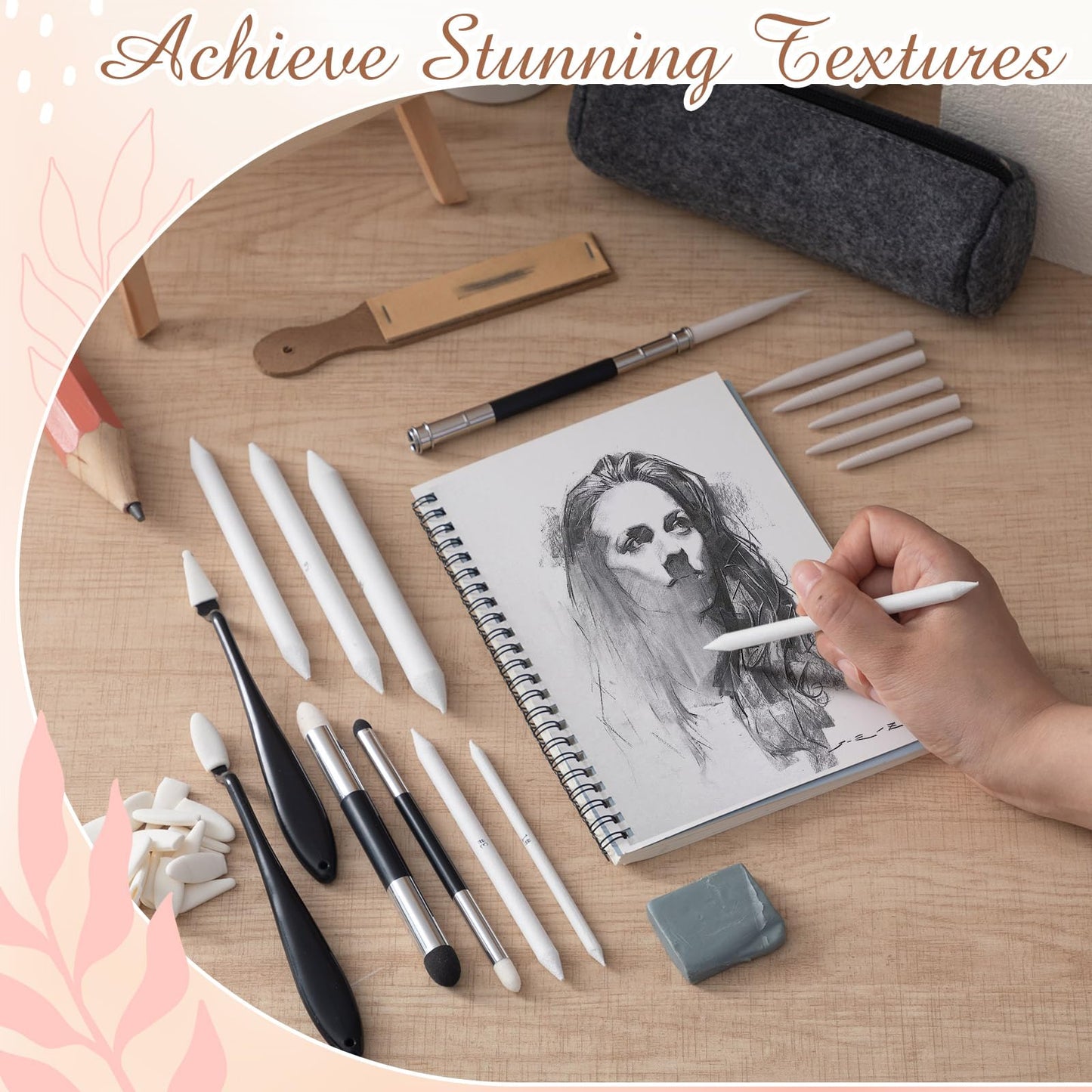 AmazingSpark 40 Pcs Blending Stumps for Drawing Set Sketch Drawing Tools Accessories with Sandpaper Pencil Sharpener Extension Tool Erasers, Sponge Replacement Heads & Felt Bag for Charcoal Sketch