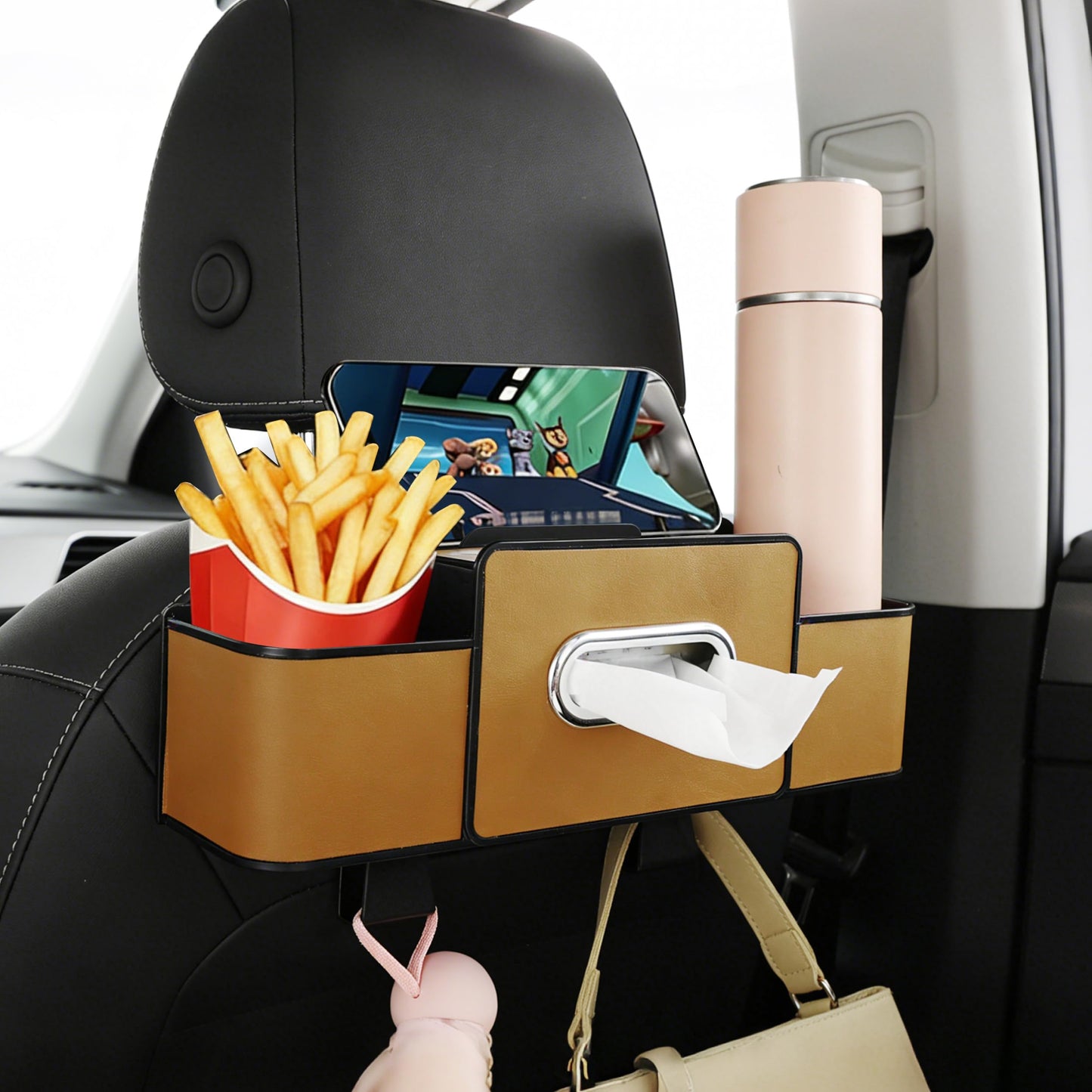 Amooca Back Seat Car Organizer, 4+2 in 1 Multifunctional Car Backseat Storage Box with 3 Cup Holders Tissue Box Hook, Car Interior Storage for Travel Phones Snacks Drinks(Brown)