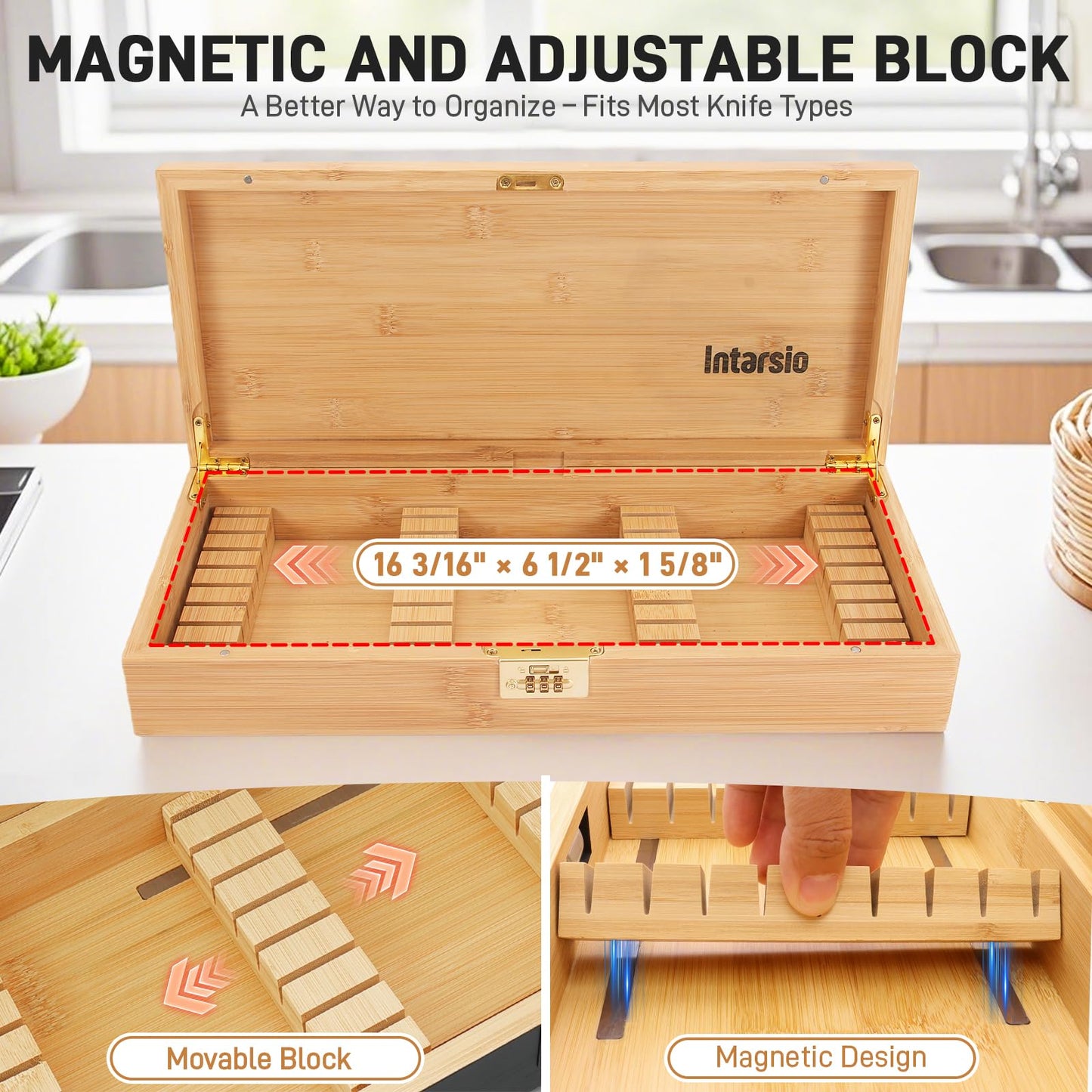 Upgraded Lockable Large Bamboo Knife Storage Box with Magnetic Removable Knife Blocks for Easy, Quick and Safe Culinary Tools Storage, Keyless Kitchen Combination Lock Box, Great Kitchen Gifts