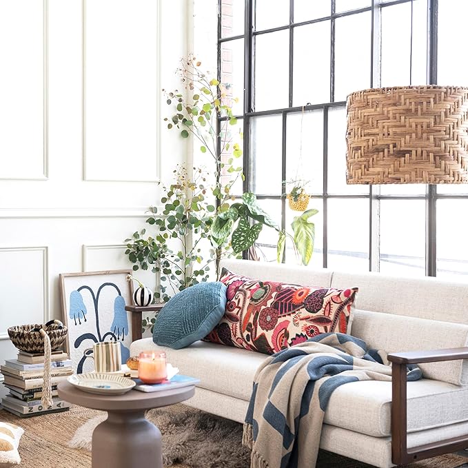 Bloomingville Woven Reclaimed Cotton Blend Printed Sheet with Abstract Design and Fringe, Blue and Beige Throw Blanket