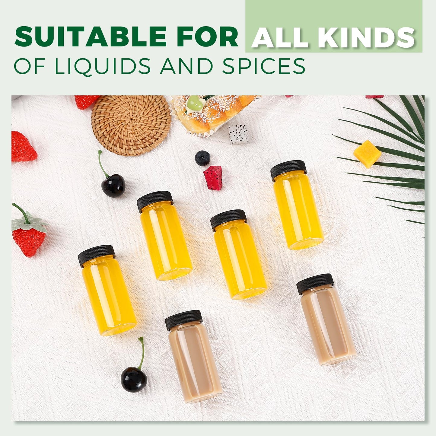 Jarsoph 16 Pcs, 2oz Clear Glass Bottle with Lids, 60ml Small Glass Jar, Leakproof Mini Travel Bottles, Decorative Bottles Set for Juice, Wellness, Spices