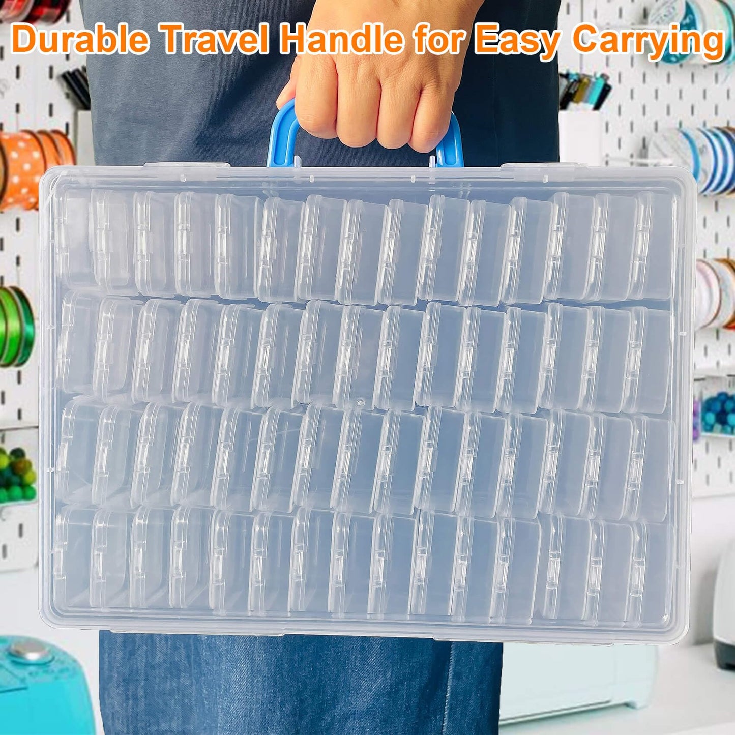 Bead Organizer Box with Handle, 61Pcs Small Bead Storage Boxes with Hinged Lid and Portable Craft Case, Mini Clear Plastic Container for Jewelry Making Supplies Bracelet Screws Seeds Nails Small Parts