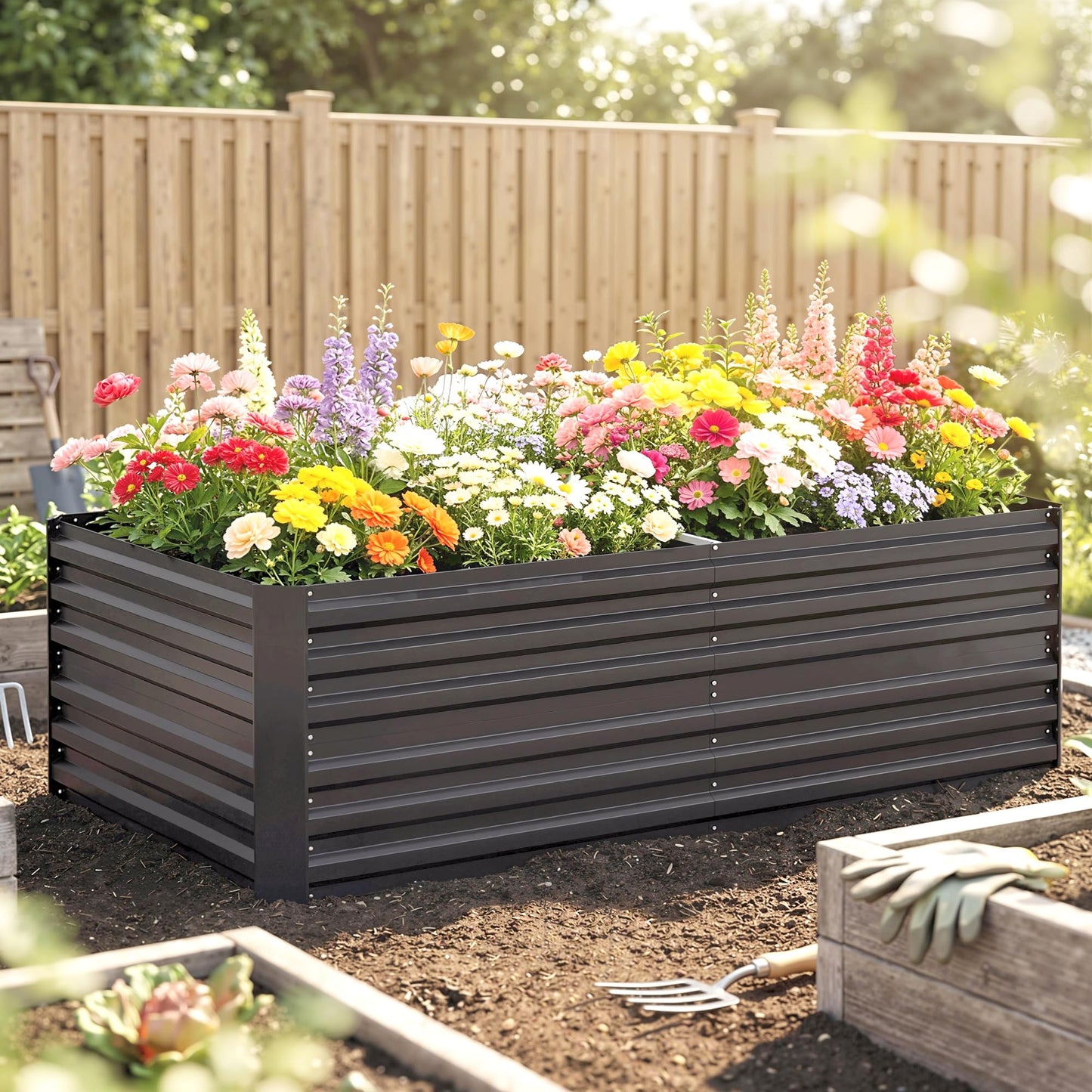Outsunny Galvanized Raised Garden Bed Kit with Reinforcing Bars, Large and Tall Metal Planter Box for Vegetables, Flowers and Herbs, 6' x 3' x 2', Dark Gray