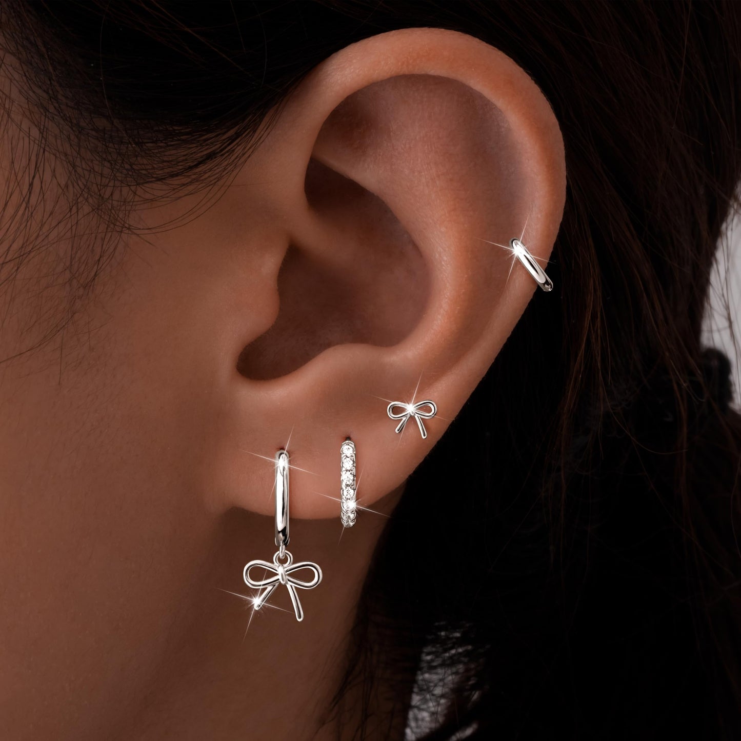 Silver Bow Earrings for Women,Huggie Small Stack Cartilage Stud Hoop Earring Sets for Multiple Double Piercing, Conch Helix Rook Tragus Daith Piercing Silver Clip On Jewelry Set Gifts