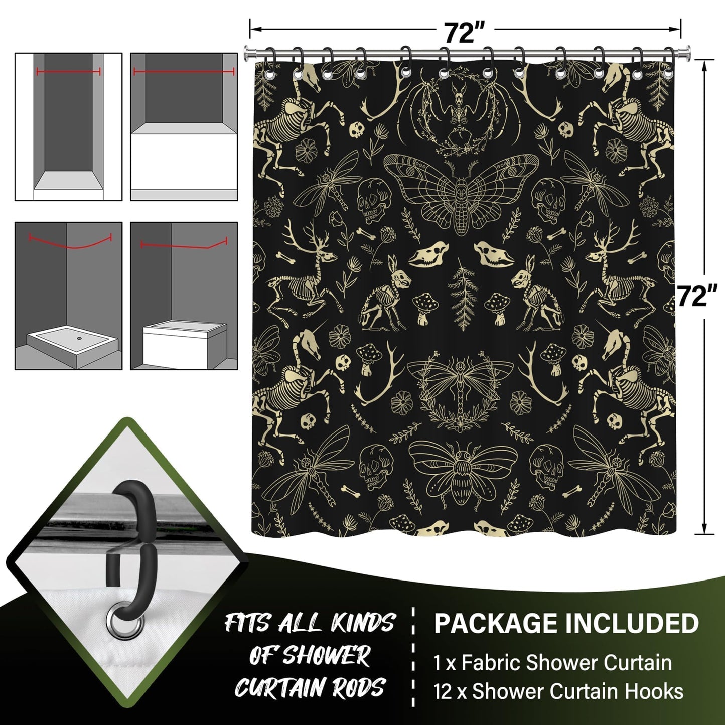 TSLOVER Black Goth Skull Shower Curtains,Spooky Gothic and Skull Shower Curtain for Bathroom,Funny Western Witchy Waterproof Polyester Fabric Bath Curtain Decor,72x72 Inches