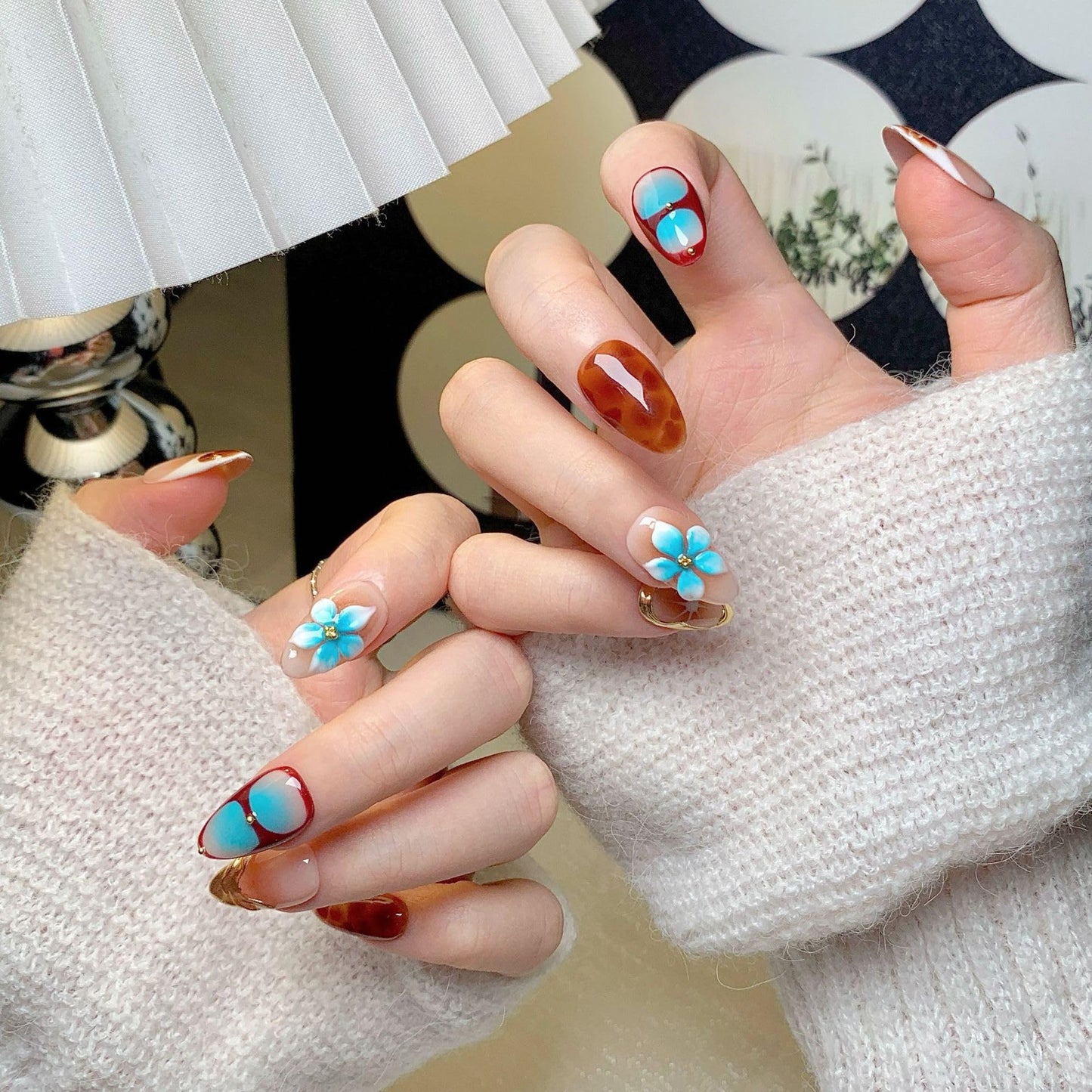 Medium Press on Nails Almond - Handmade Fake Nails with Flower Gold Line Deisgn - Ombre Brown False Nails Fall Nails Press ons for Women - (Size L)