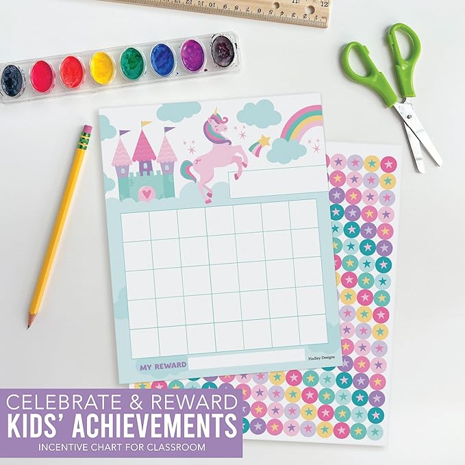 Sticker Chart for Kids Behavior at Home & Classroom - 25 Reward Chart for Kids Incentives, Gold Star Sticker Sheets, Unicorn Incentive Charts for Classroom Must Haves