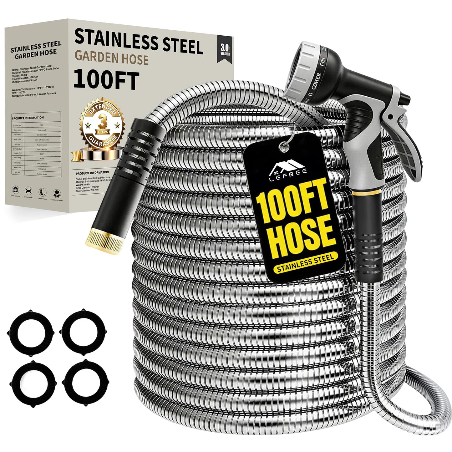 Lefree 100ft Metal Garden Hose - Heavy Duty 304 Stainless Steel Flexible Water Hose, No Kinks & Leak-Proof with Upgraded Handle, 10-Function Spray Nozzle & 4 Spare Gaskets for Yard, RV, Pet Bath